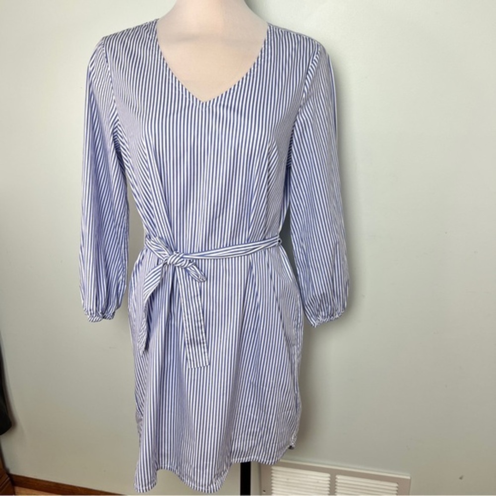 J. Crew Blue and White Stripe Tie Waist V-Neck Crisp Cotton Dress - Size Medium